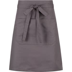 A grey waist apron with a tie-waste and a front pocket, featuring a logo on the fabric.