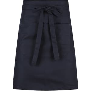 A navy waist apron with a tie waist and front pockets, featuring a simple and sleek design.