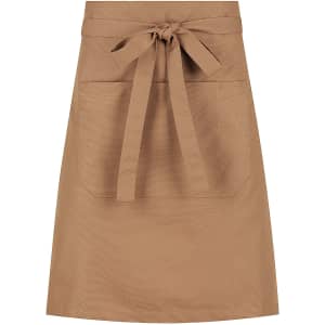 A brown waist apron with a front pocket and a tie at the waist, featuring a logo or branding.