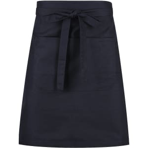 A navy waist apron with a front pocket and a tied waist strap, featuring a simple, modern design.