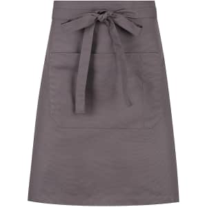A grey waist apron featuring a front pocket and a tied waist. It has a minimalist design and includes a logo.