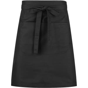 A black waist apron featuring a front pocket and a tie waist. The fabric has a smooth finish and is durable.