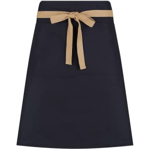 A navy waist apron with a tan tie and two front pockets. Features a logo at the top.
