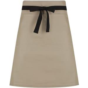 A beige waist apron with a black tie at the waist, featuring two front pockets and a simple design.