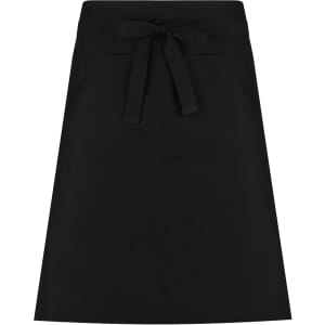A black waist apron featuring a waistband tie and two front pockets. It has a simple design and includes branding.