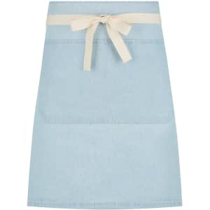 A light blue waist apron with a cream tie and a front pocket. It features a logo on the fabric.