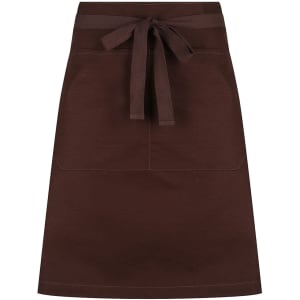 A brown waist apron featuring a tie waist and front pockets, with a simple design and visible branding.