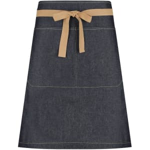 A dark denim waist apron featuring a beige tie and discreet branding. Designed for workwear use.