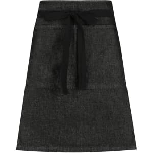 A waist apron in a dark charcoal colour with a black tie waistband and a simple design. Features branding.