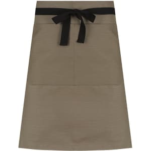 A waist apron in olive green with a black tie waist and two front pockets. It has a simple design and includes branding.
