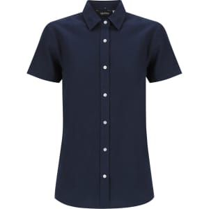 A navy short sleeve shirt with a button-up front and a collar, featuring a logo on the label.