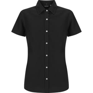 A black ladies' short sleeve shirt with a fitted design and button placket, featuring a logo on the label.