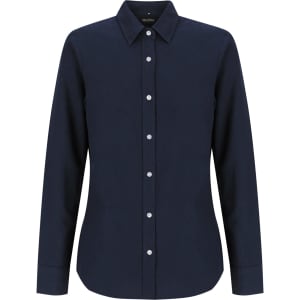 A navy ladies long sleeve button-up shirt featuring buttons and a crisp collar. Includes a logo.