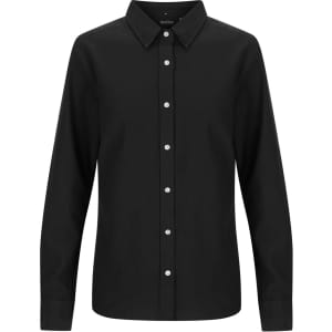 A black ladies' long sleeve button-up shirt featuring a collar and front button closure, with a logo visible.