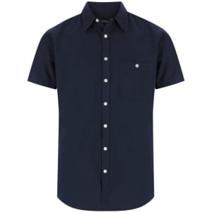 A navy men's short sleeve button-up shirt featuring a single chest pocket and a logo.