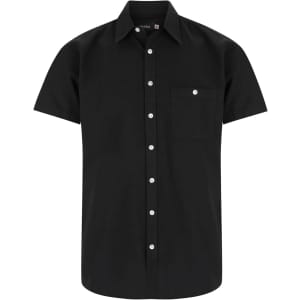 A black short sleeve button-up shirt featuring a front pocket and a logo.