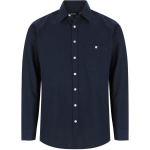 A men's long sleeve button-up shirt in dark navy with a single chest pocket and white buttons.