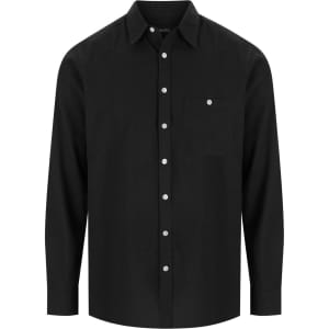 A black long sleeve button-up shirt featuring a chest pocket and a branded logo on the label.
