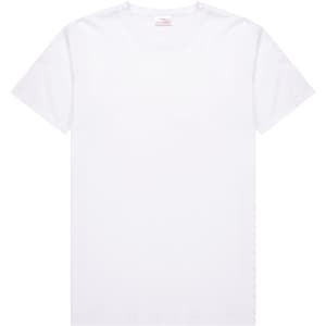 A white men's t-shirt with a round neckline and short sleeves, featuring a tag inside and a logo.