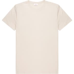 A men's t-shirt in a soft beige colour, featuring a simple design and a logo.