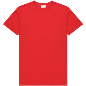 A red men's t-shirt with a classic crew neck design, featuring a logo on the label.