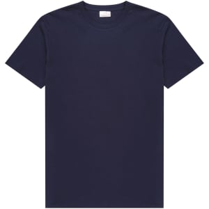 A navy blue men's t-shirt featuring a round neckline and short sleeves, with a small logo on the label.