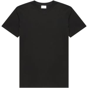 A black men's T-shirt with a round neckline and short sleeves, featuring a logo on the tag.
