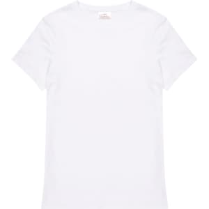 A plain white ladies' T-shirt with a fitted style and a logo on the label.