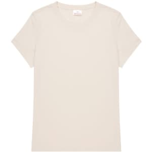 A cream-coloured ladies' t-shirt with a classic crew neckline and short sleeves, featuring a logo.