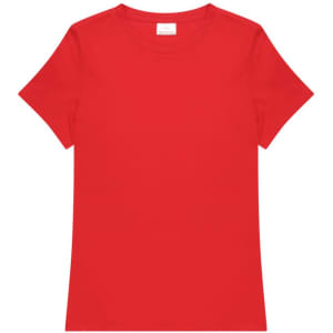 A red ladies' t-shirt with a simple design and short sleeves, featuring a tag at the neckline.