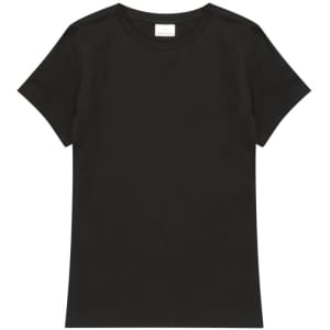 A black ladies' t-shirt with a classic crew neck and short sleeves, featuring a subtle branding label.