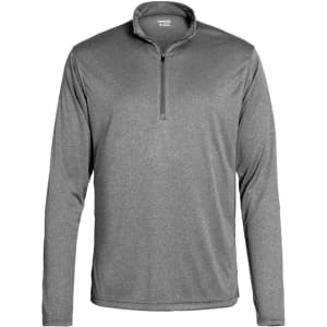 A men's long-sleeve pullover in grey with a quarter zip, featuring a collar and soft fabric.