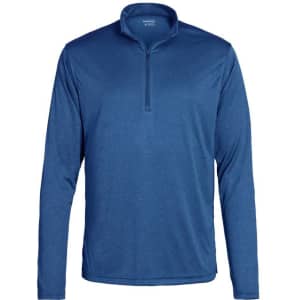 A men's long-sleeve polo top in a deep blue colour with a quarter zip and a collar. It features a branding logo.