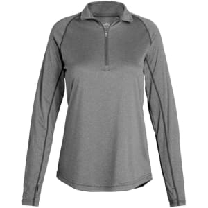 A grey long-sleeve jacket with a zip neck and raglan sleeves. It features a logo on the front.