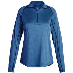 A women's long-sleeve jacket in a deep blue shade, featuring a quarter zip neckline and a fitted design.