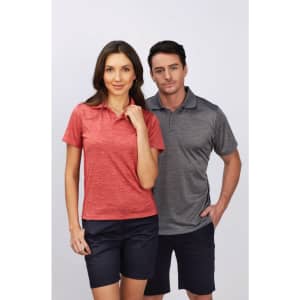 A red and a grey polo shirt displayed on a man and a woman, featuring a logo on the shirts.