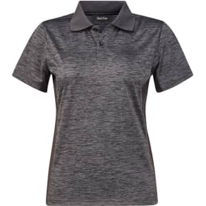 A women's polo shirt in dark grey with a textured finish, featuring a collar and three buttons. It has a logo on the chest.