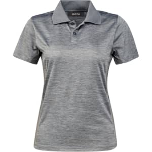 A grey ladies' polo shirt featuring a collar and a branded logo. Suitable for casual or semi-formal wear.
