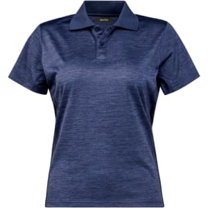 A navy blue ladies' polo shirt with a collar and three buttons, featuring a logo on the chest.