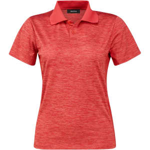 A red ladies polo shirt featuring a classic collar and a logo on the label.