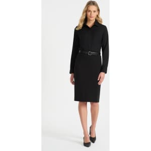 A black long sleeve button-up shirt, featuring a fitted design and worn with a belt, styled with a pencil skirt.