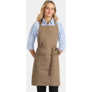 A light blue button-up shirt with 3/4 sleeves, paired with a brown apron featuring a front pocket and tie.