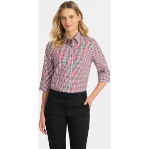 A checked red and white button-up shirt with 3/4 sleeves, worn with black trousers. The shirt features a logo.