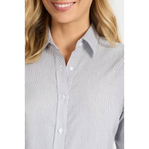 A button-up shirt featuring a striped pattern in shades of grey and white, with a classic collar and 3/4 sleeves.