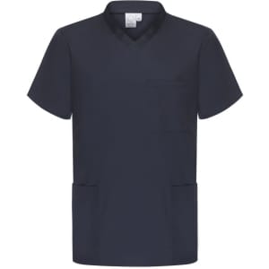 A unisex navy scrubs top featuring a V-neck, short sleeves, and a pocket on the front. It has a logo.