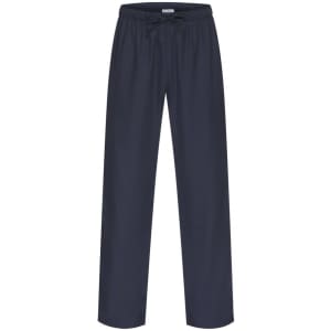 Unisex scrub pants in dark navy, featuring an elastic waistband with a drawstring and a logo.