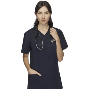 A unisex navy scrub top featuring a V-neck design and a pocket, with a stethoscope draped around the neck.