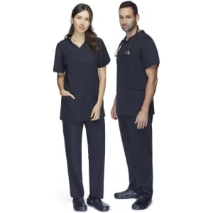 Unisex navy scrubs pants displayed on male and female models, featuring pockets and a simple design.