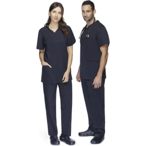 Unisex navy scrubs pants with a relaxed fit, displayed on male and female models, featuring pockets and a logo.
