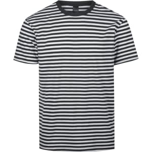 A striped men's T-shirt featuring black and white horizontal stripes and a contrasting black crew neckline.